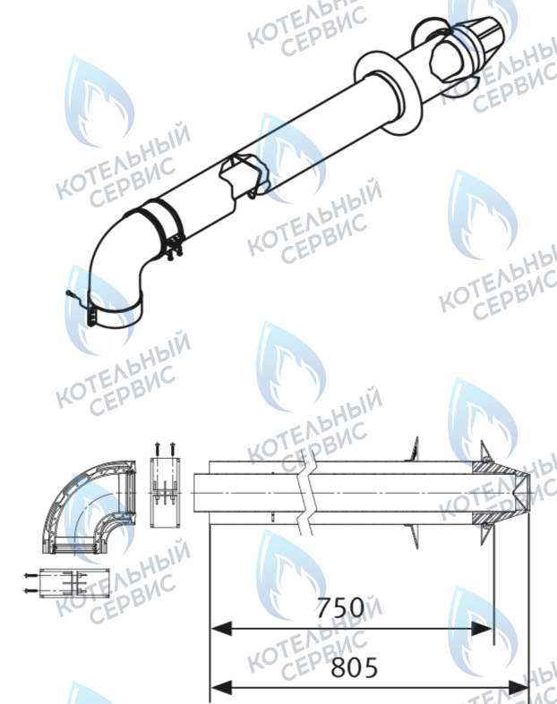 61KIT.CL.0PLC Комплект коаксиальный 0,75м без инспекционных отверстий для горизонтального прохода через стену 60/100 с пластиковым оголовком WERT ( Без дополнений) Остальные Евро котлы ( с фланцем ZZ100 ) в Оренбурге	