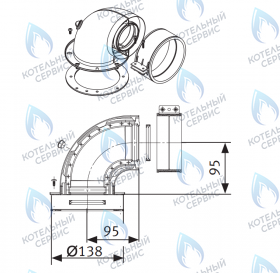 Колено коаксиальное 90° с инспекционными отверстиями, c фланцевым присоединением 8/11x5/Ø138, Ø60/100. без дополнений. Евро котлы (кроме WERT)