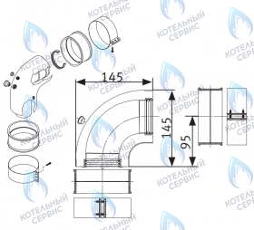 Колено коаксиальное 90° с инспекционными отверстиями с присоединительным хомутом,  Ø60/100мм. WERT ( Без дополнений) Остальные Евро котлы ( с фланцем ZZ100 )