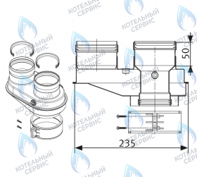 Адаптер разделительный мама/мама c инспекционными отверстиями Ø80/80мм (с возможность вращаться вокруг оси дымохода) с подсоединительным хомутом